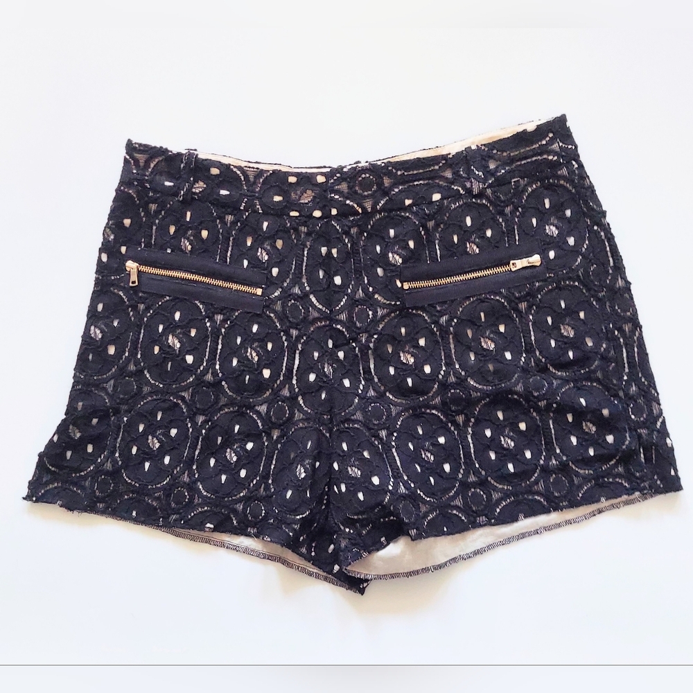 RACHEL Rachel Roy Black Lace Gold Zipper Pocket Dress Shorts Size 4 Side Slit